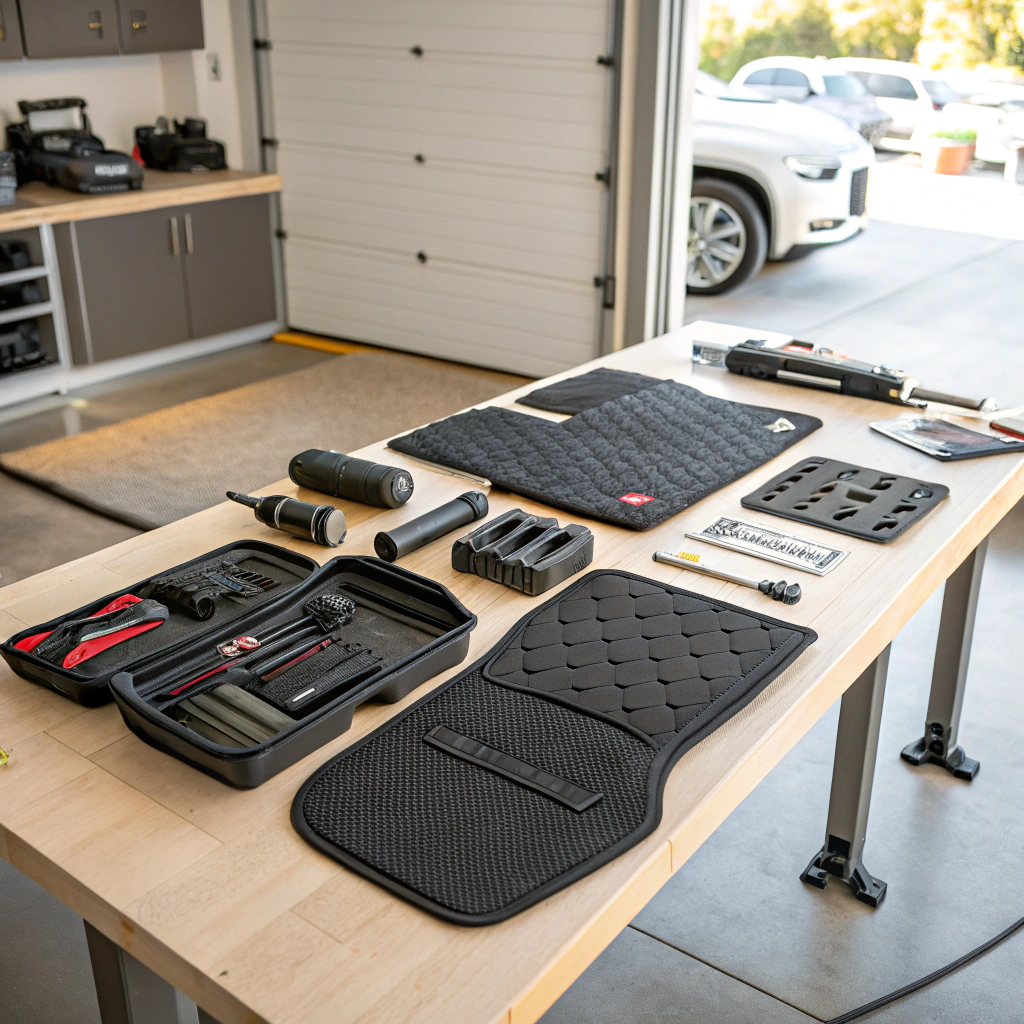 Automotive interior equipped with all-weather floor liners and dash camera technology